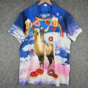 Sloth Riding Llama Shirt Mens XL Blue Rainbow Donut Beer Funny Novelty Button Up